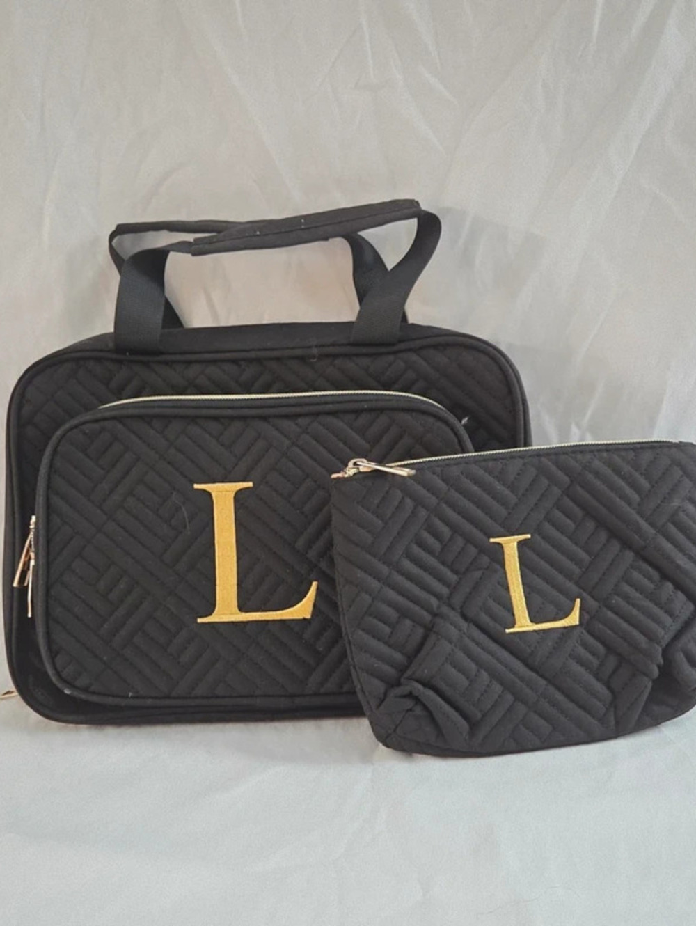 Black Quilted Monogram L Travel Bag and Pouch Set